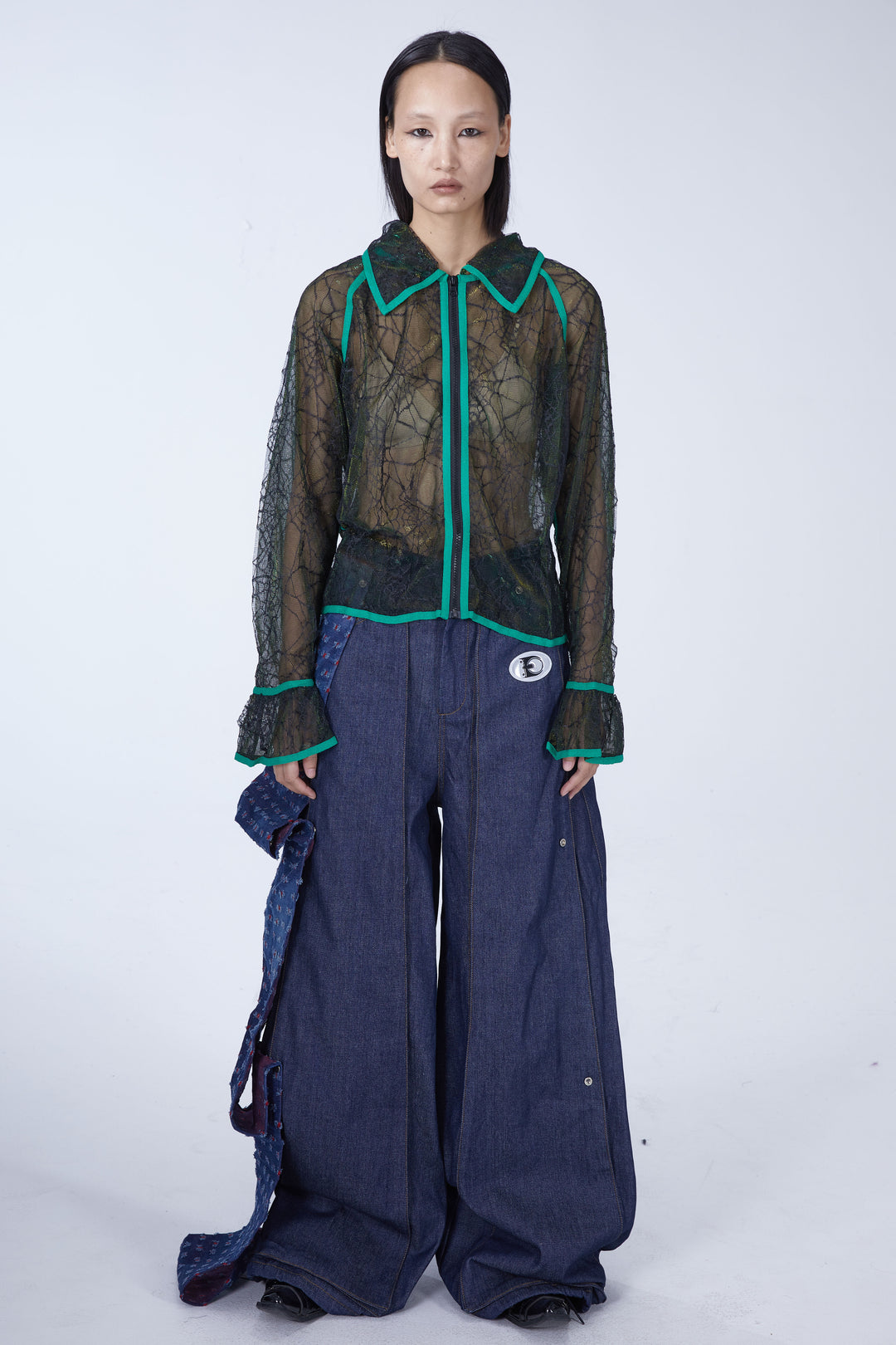 EMBRYO SPIDERWEB tearaway sheer shirt — full-length modeled view