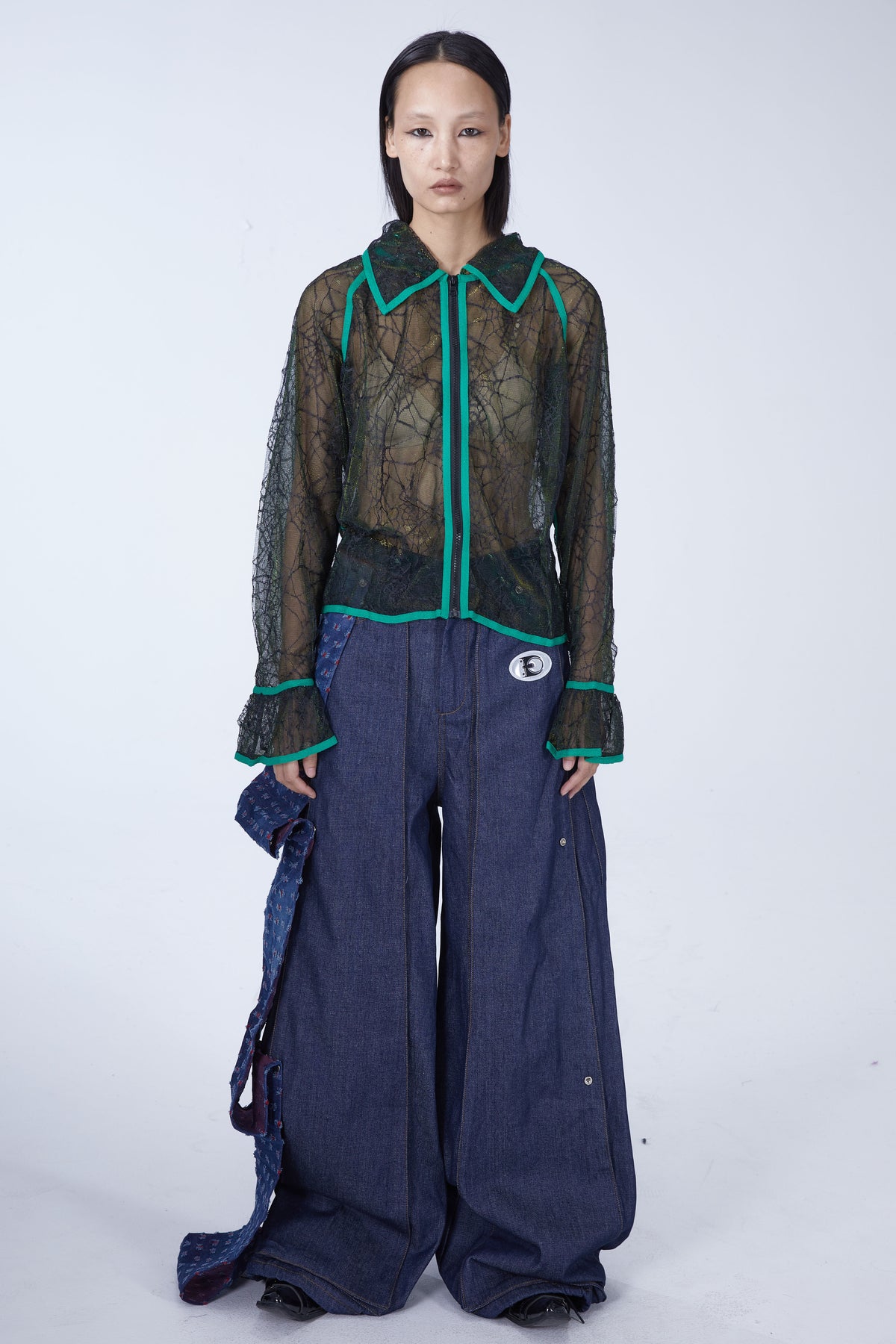 EMBRYO SPIDERWEB tearaway sheer shirt — full-length modeled view