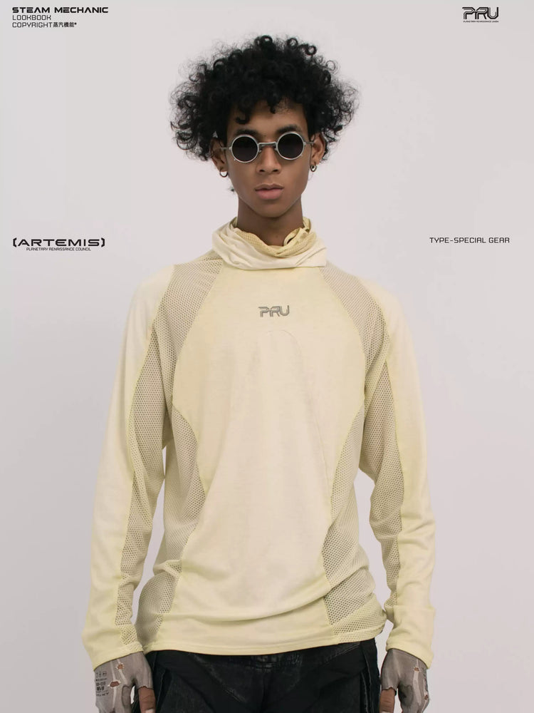 STARCORE mesh-panel long-sleeve top in nebula green — front modeled view showing the raised collar, PRU logo and curved mesh panels
