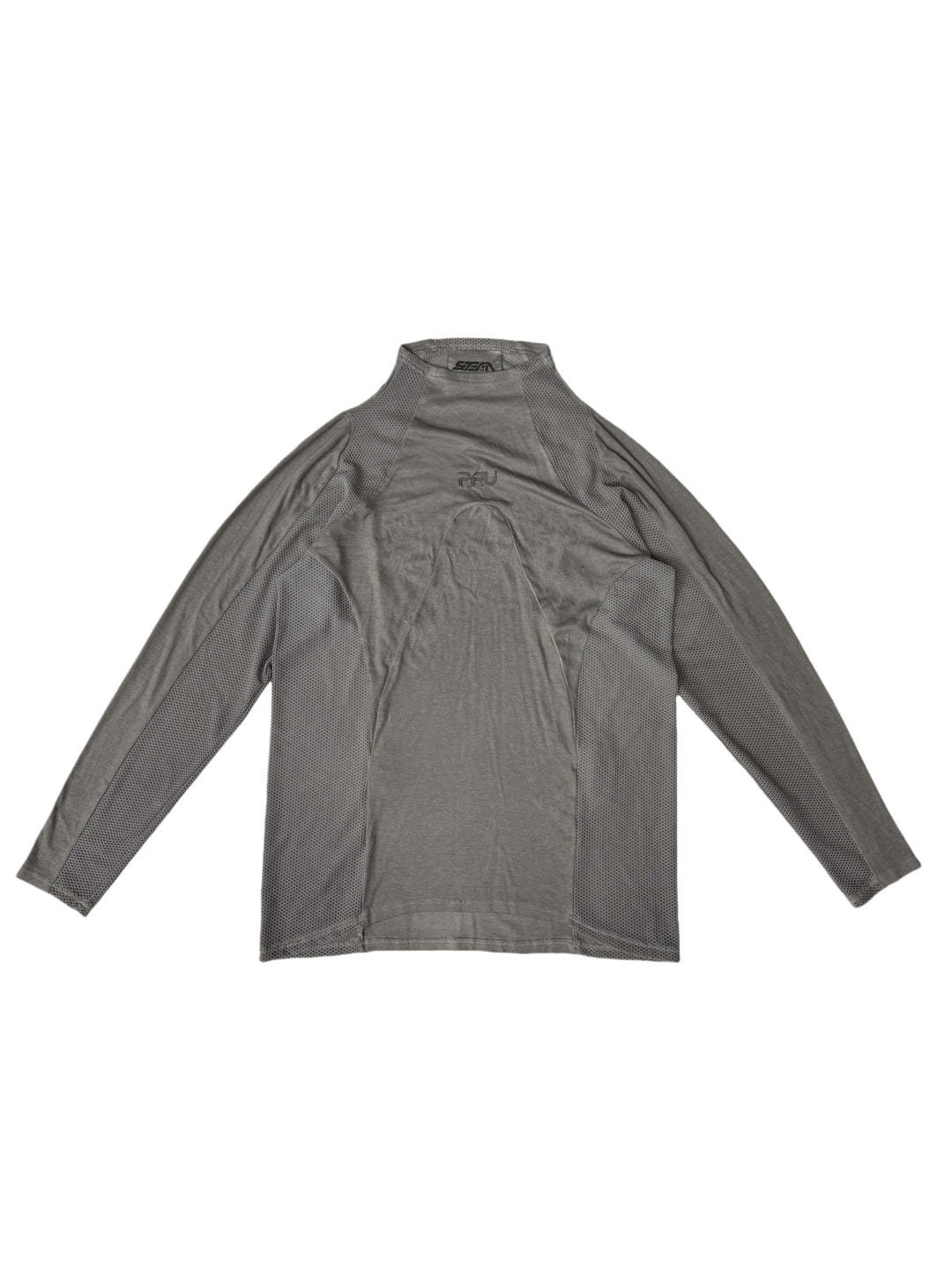 STARCORE mesh-panel long-sleeve top in dusk cloud gray — garment-only view showing gray curved panels, mesh inserts and PRU chest logo
