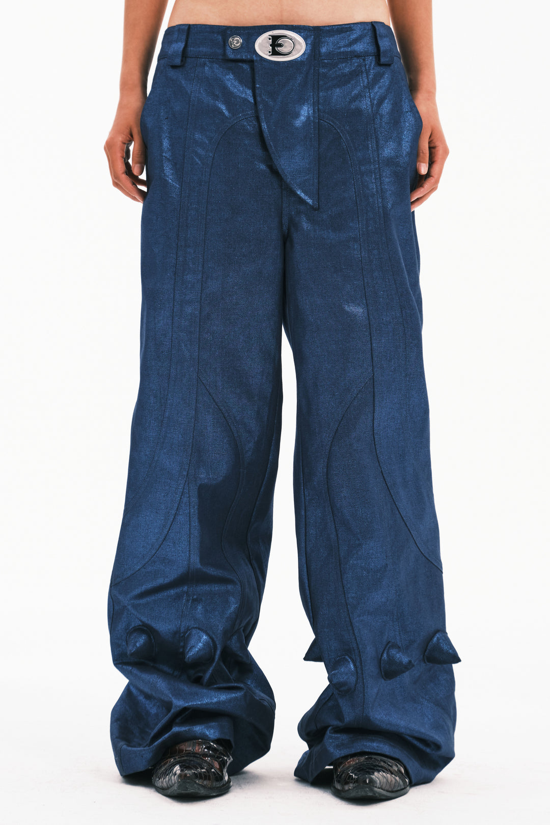 EMBRYO BLUE SPIKE metallic flare pants — fabric and graphic detail