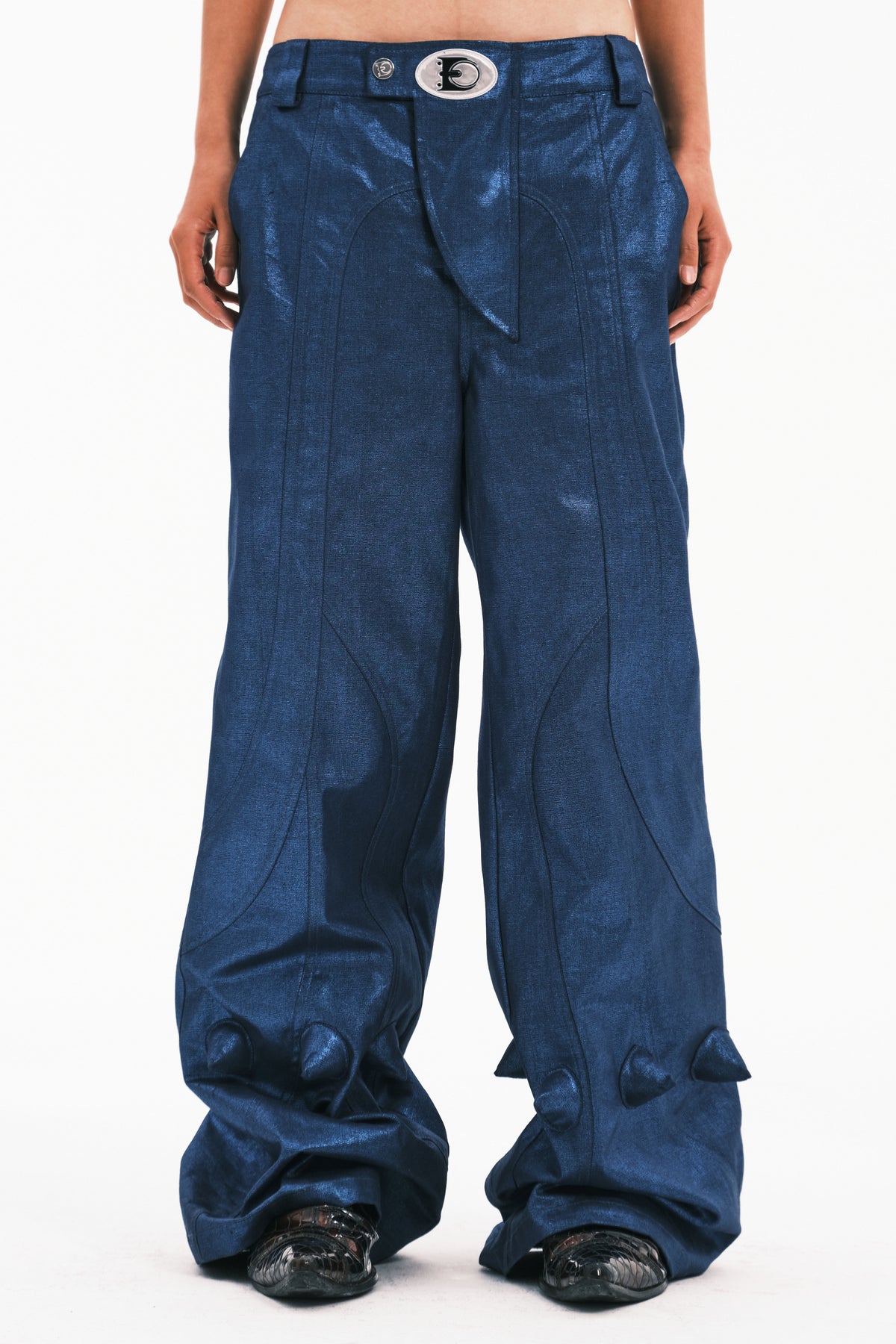 EMBRYO BLUE SPIKE metallic flare pants — fabric and graphic detail