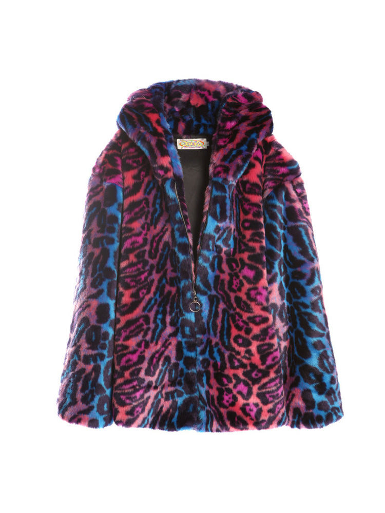 DeadEndKids leopard-print faux-fur hooded jacket in blue purple — front garment-only view with hood down