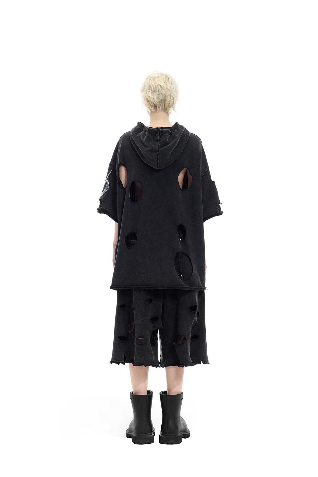 PINKSPINK ELECTRIC MOON distressed embroidered wide-leg shorts — black — full-length back view styled with boots