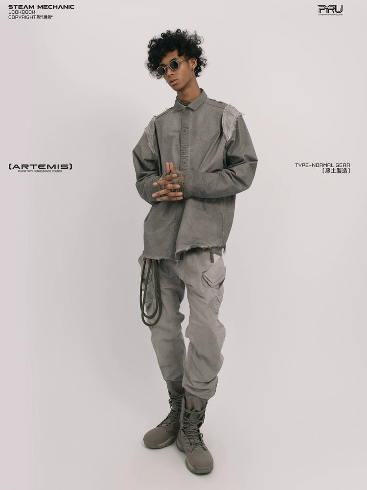 CHAOS ERA moon dust gray raw-edge technical shirt — alternate product view