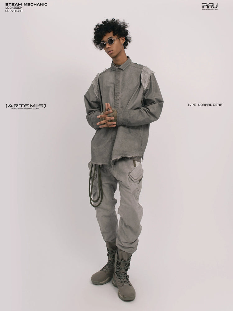CHAOS ERA moon dust gray raw-edge technical shirt — full-length angled front modeled view