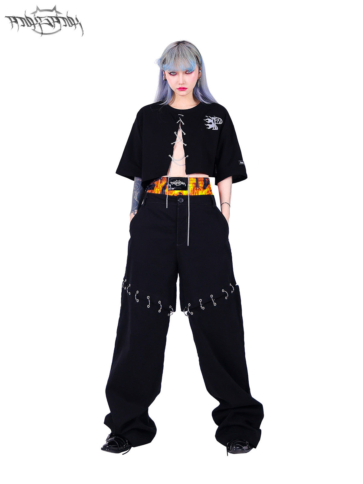 PINKSPINK ELECTRIC MOON double-waist detachable straight-leg pants — close modeled view highlighting the construction