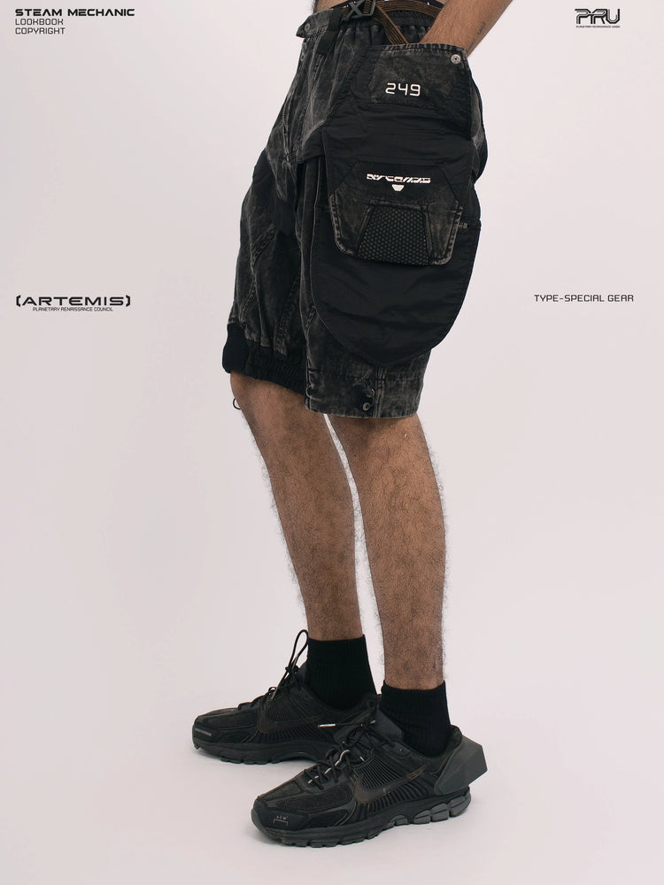 ARTEMIS blackbird black detachable technical shorts — side modeled view showing numbered cargo panel