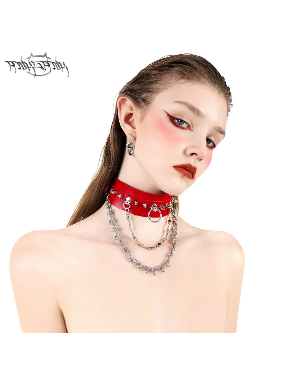 PINKSPINK SPIKE RING studded chain choker in red — angled modeled close-up showing the ring and layered chains