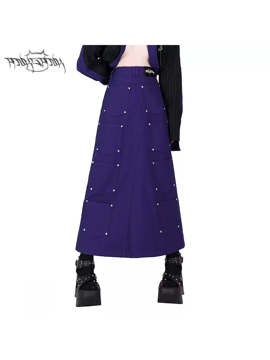 PINKSPINK DNA reconstructed multi-pocket denim maxi skirt — front waist-to-hem modeled view showing rows of riveted pockets