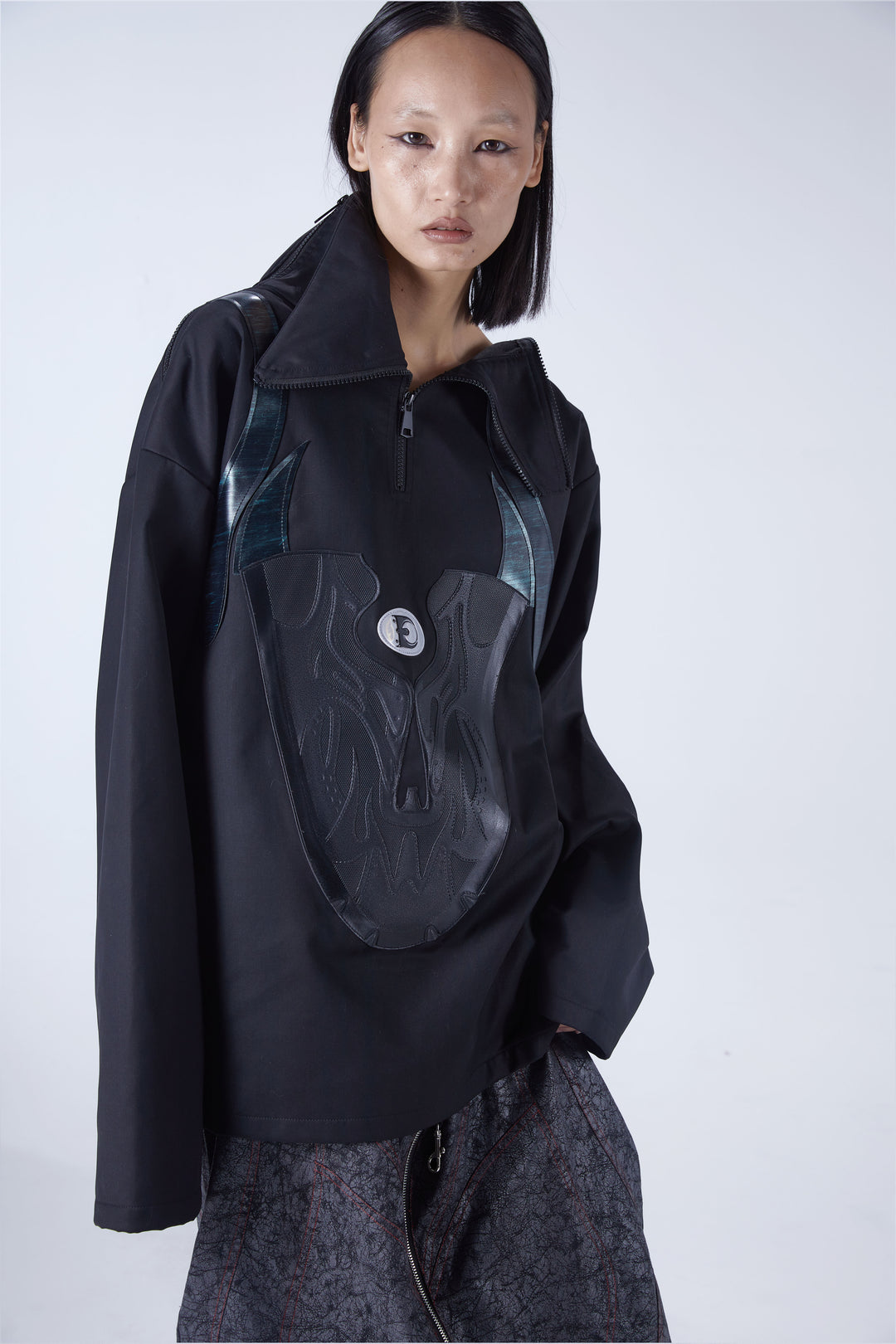EMBRYO SHOE COLLAR asymmetrical sweatshirt — alternate modeled angle