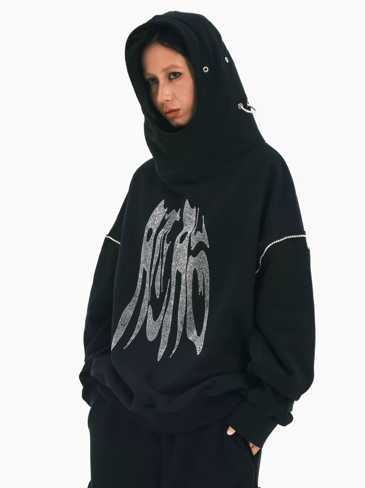 EMBRYO RHINESTONE RING oversized graphic hoodie — front modeled view
