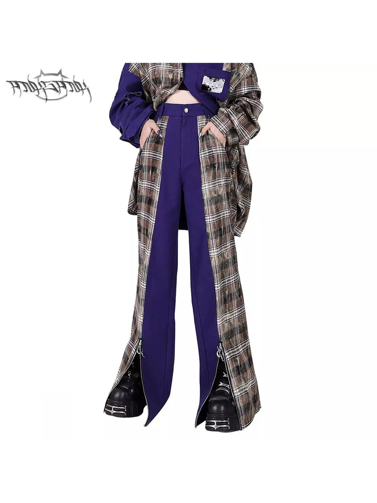 PINKSPINK DNA purple plaid split-panel wide-leg pants — front waist-to-hem modeled view showing the purple and brown plaid panels
