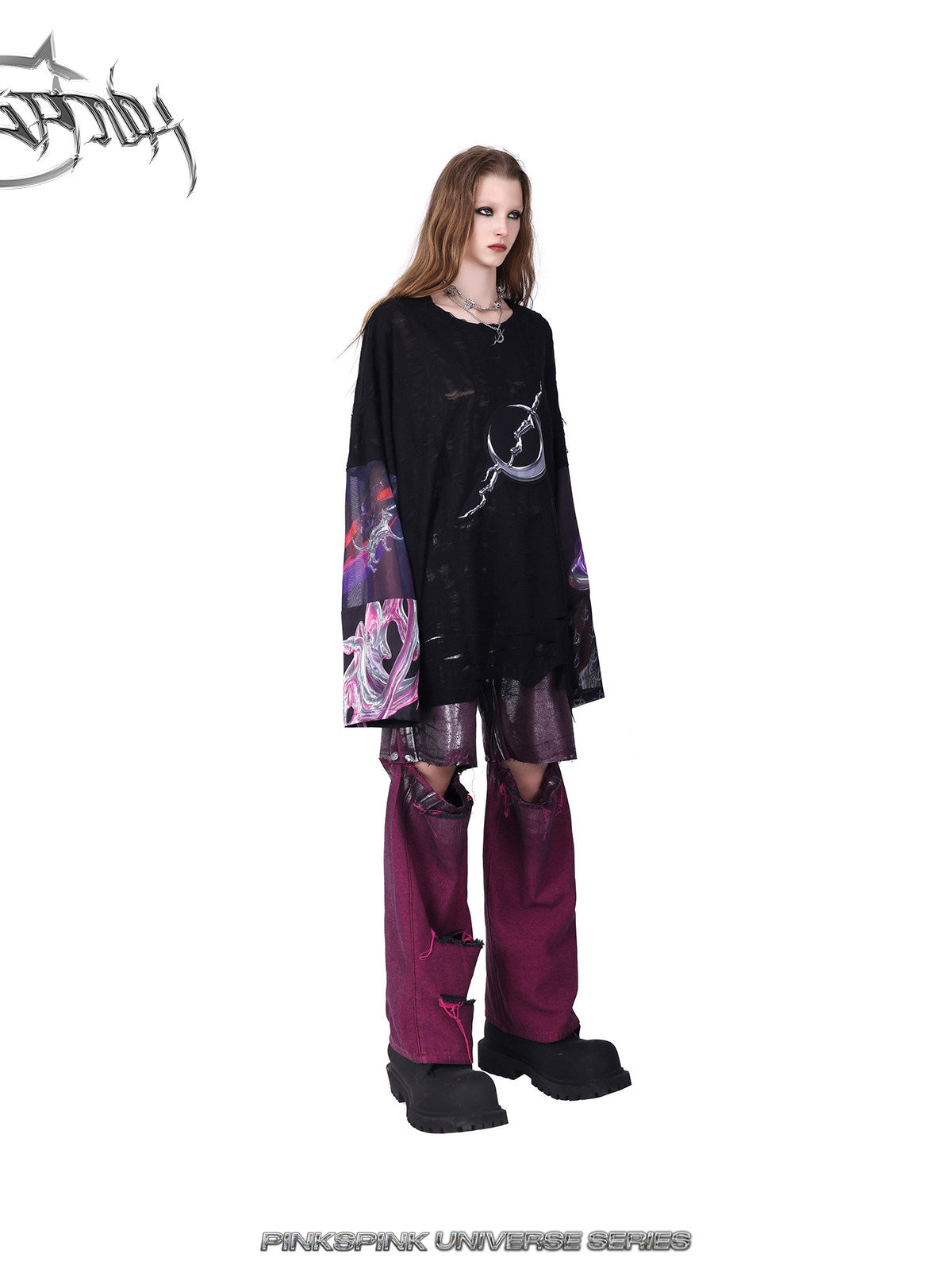 PINKSPINK ELECTRIC MOON silver-coated convertible jeans in burgundy silver — opposite-angle modeled view with a black top