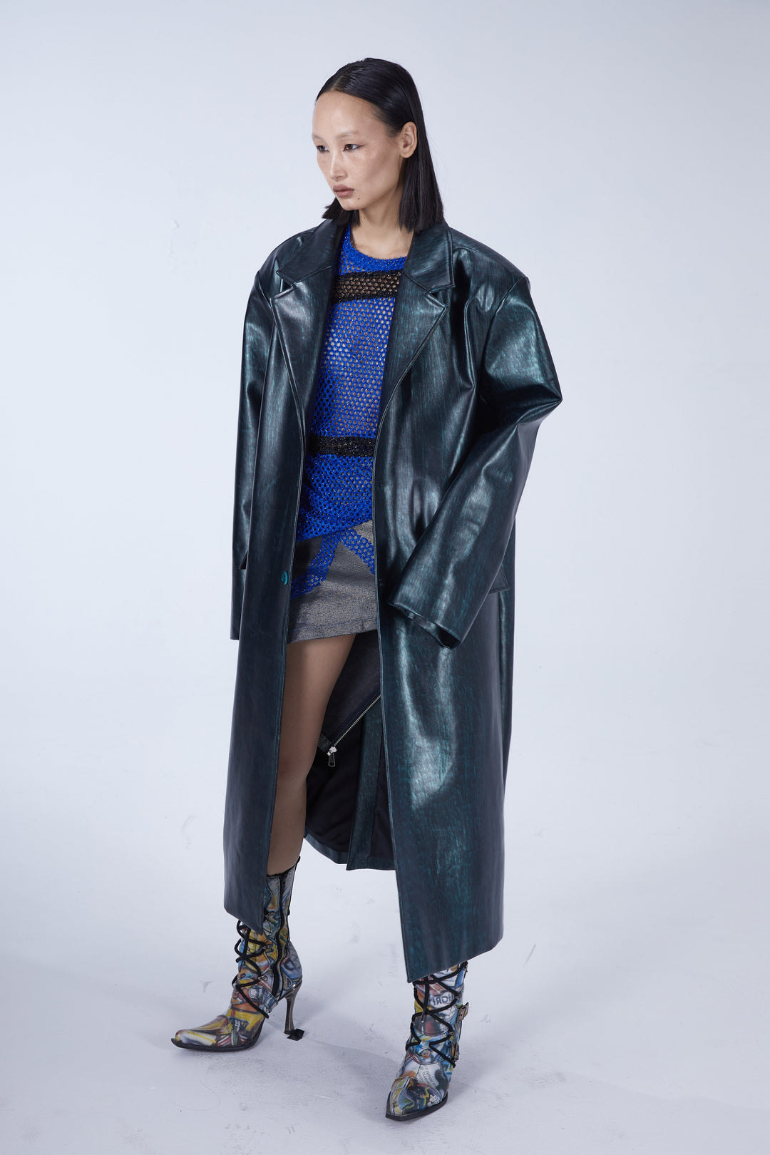 EMBRYO MATRIX buckle PU leather trench coat — garment-only construction view