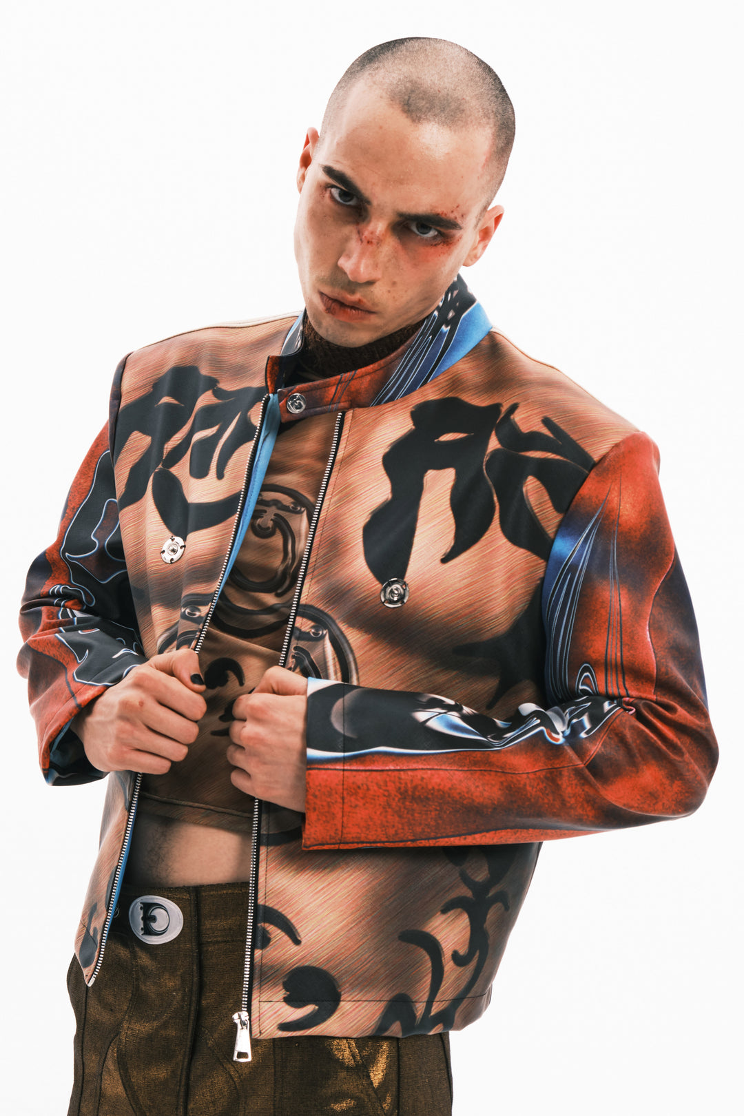 EMBRYO POWER TOTEM muscle-print PU leather jacket — material and hardware detail