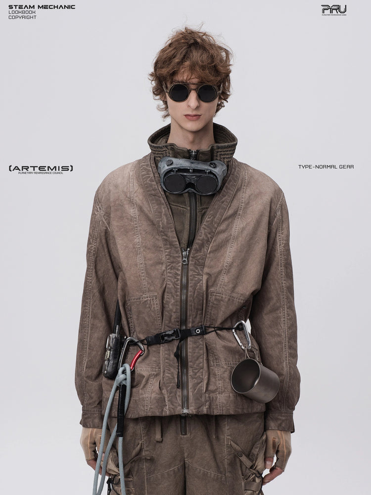 GAIA ochre brown open-collar technical robe — front modeled view showing the open neckline and washed finish