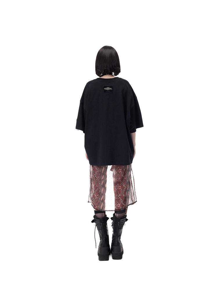 PINKSPINK VENOM rhinestone mesh shirt and mini skirt set in black and red — full back view showing the tied shirt's long draping panels