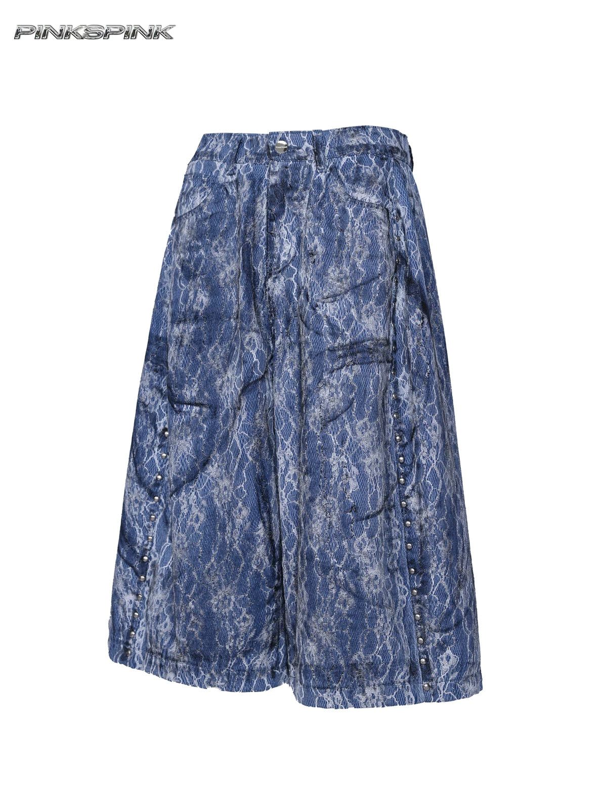 PINKSPINK ELECTRIC MOON lace-coated wide-leg denim shorts in blue — angled garment-only view showing the studded pockets