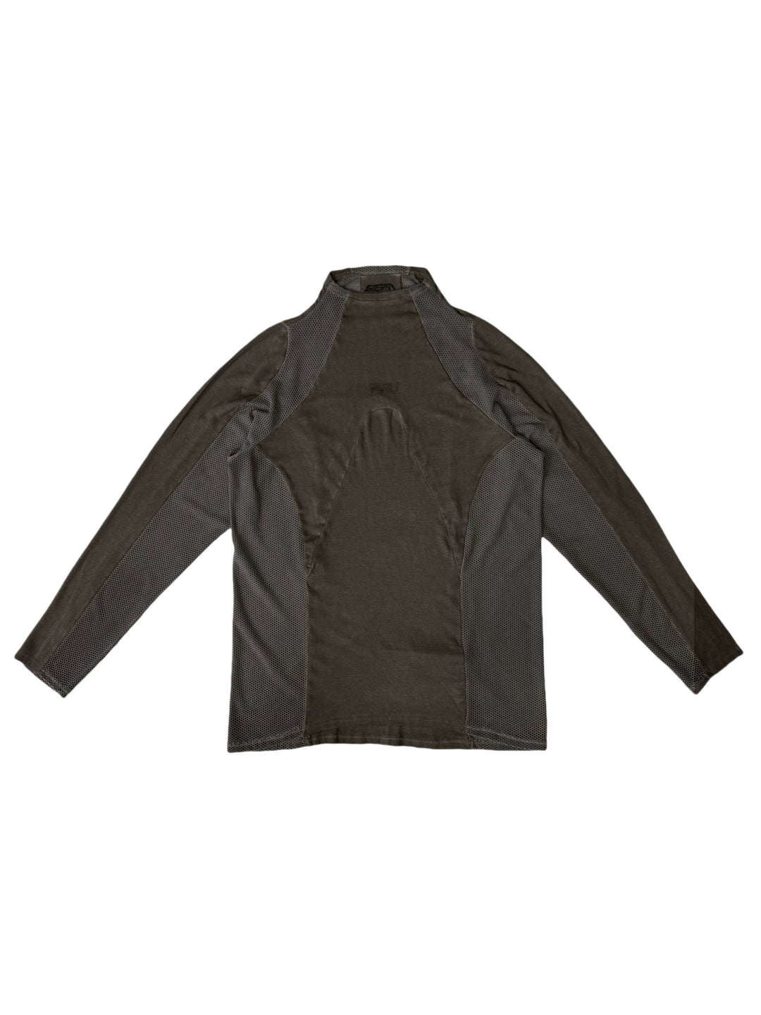 STARCORE mesh-panel long-sleeve top in xirang brown — front garment-only view showing contrasting mesh raglan and side panels
