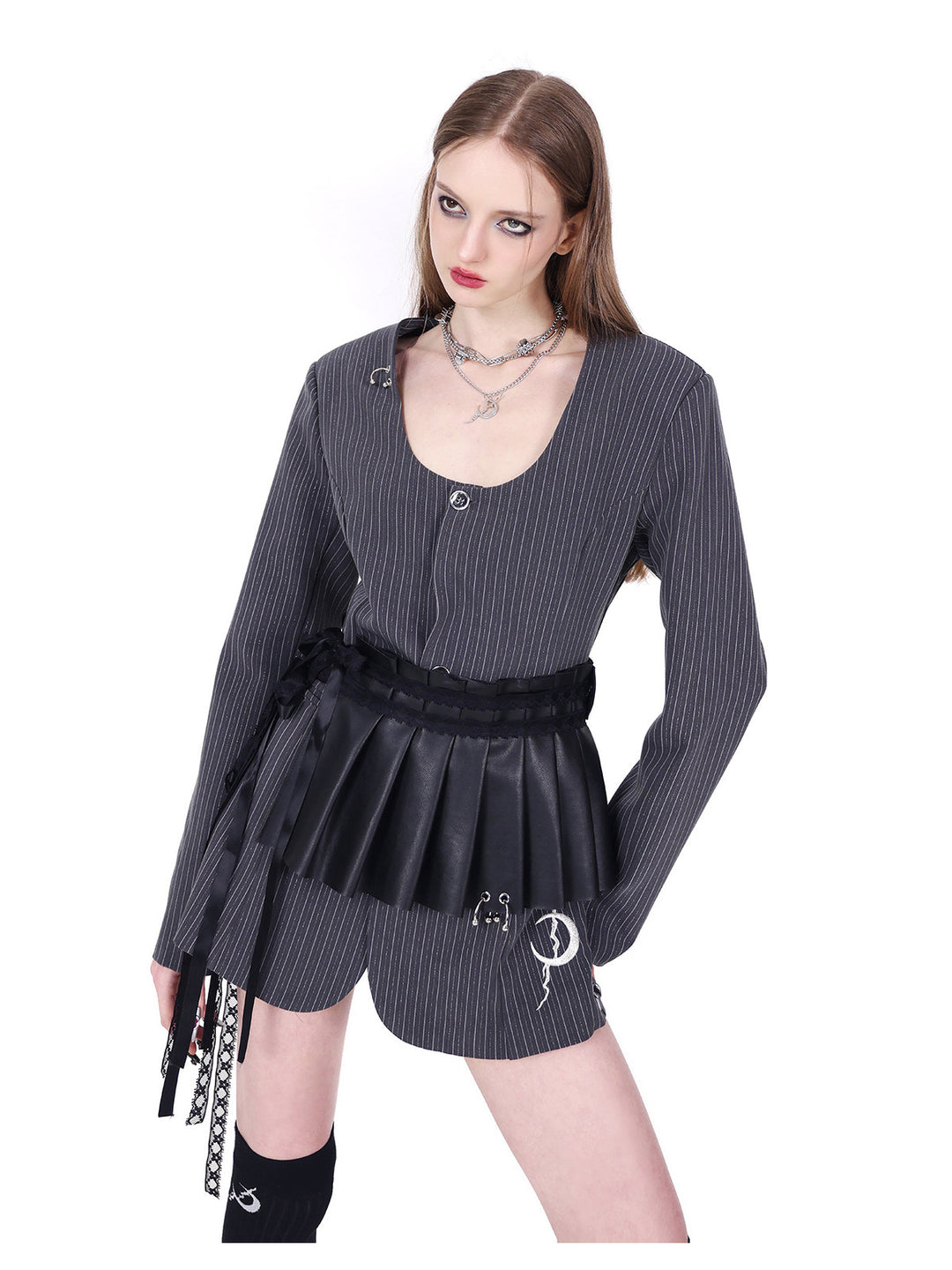 PINKSPINK ELECTRIC MOON pinstripe ring-detail blazer dress in gray pinstripe — close angled front modeled view showing the crescent embroidery