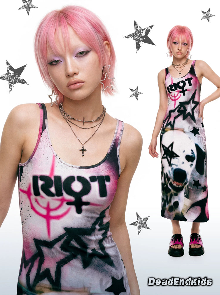 DEADENDKIDS RIOT GRAFFITI fitted maxi dress — front product presentation