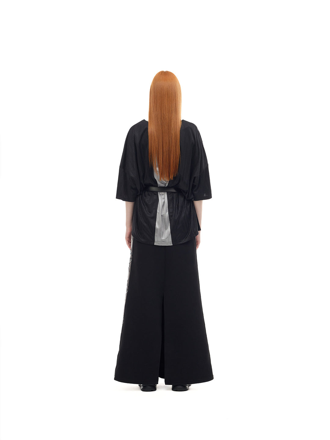 PINKSPINK FLAMECAT oversized sports jersey in black and gray — full-length belted rear view styled with a separate maxi skirt