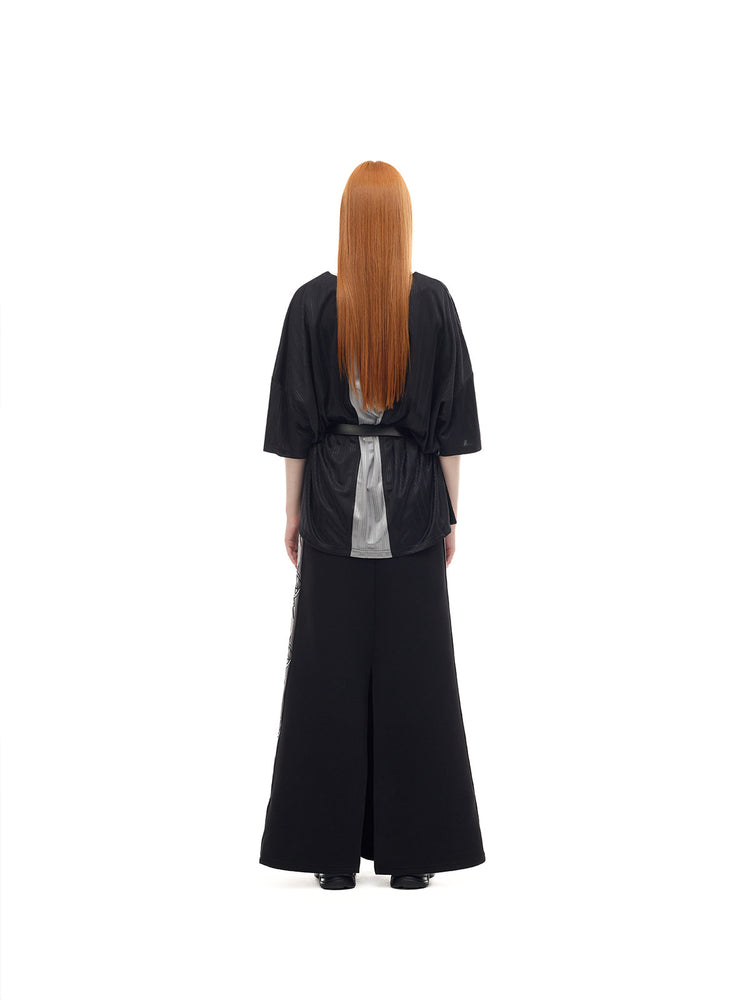 PINKSPINK FLAMECAT oversized sports jersey in black and gray — full-length belted rear view styled with a separate maxi skirt