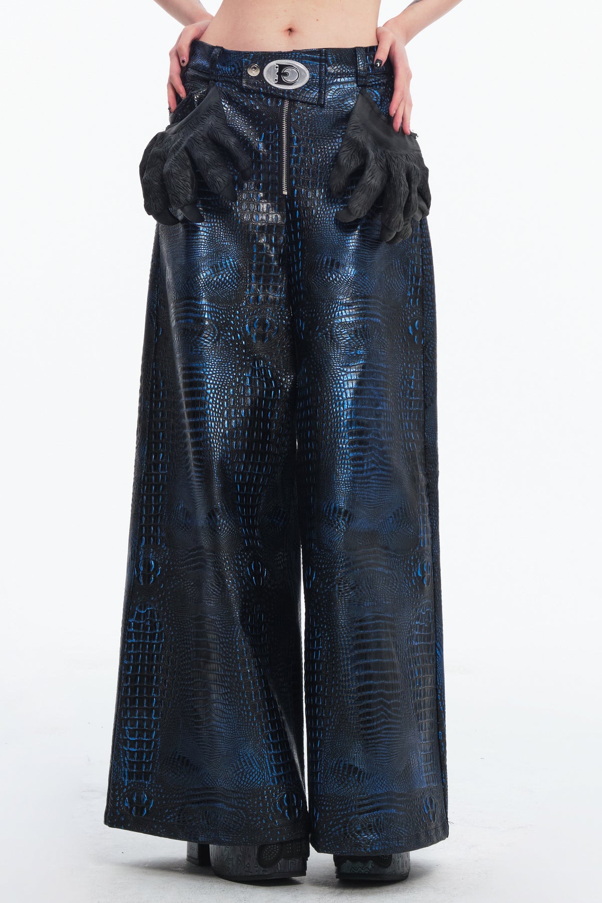 EMBRYO CLAW ARMOR crocodile-effect wide-leg pants — rear modeled view