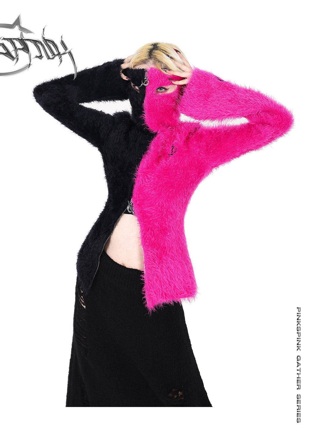 PINKSPINK ELECTRIC MOON split-color balaclava zip sweater — front modeled view framing the eye openings with both hands