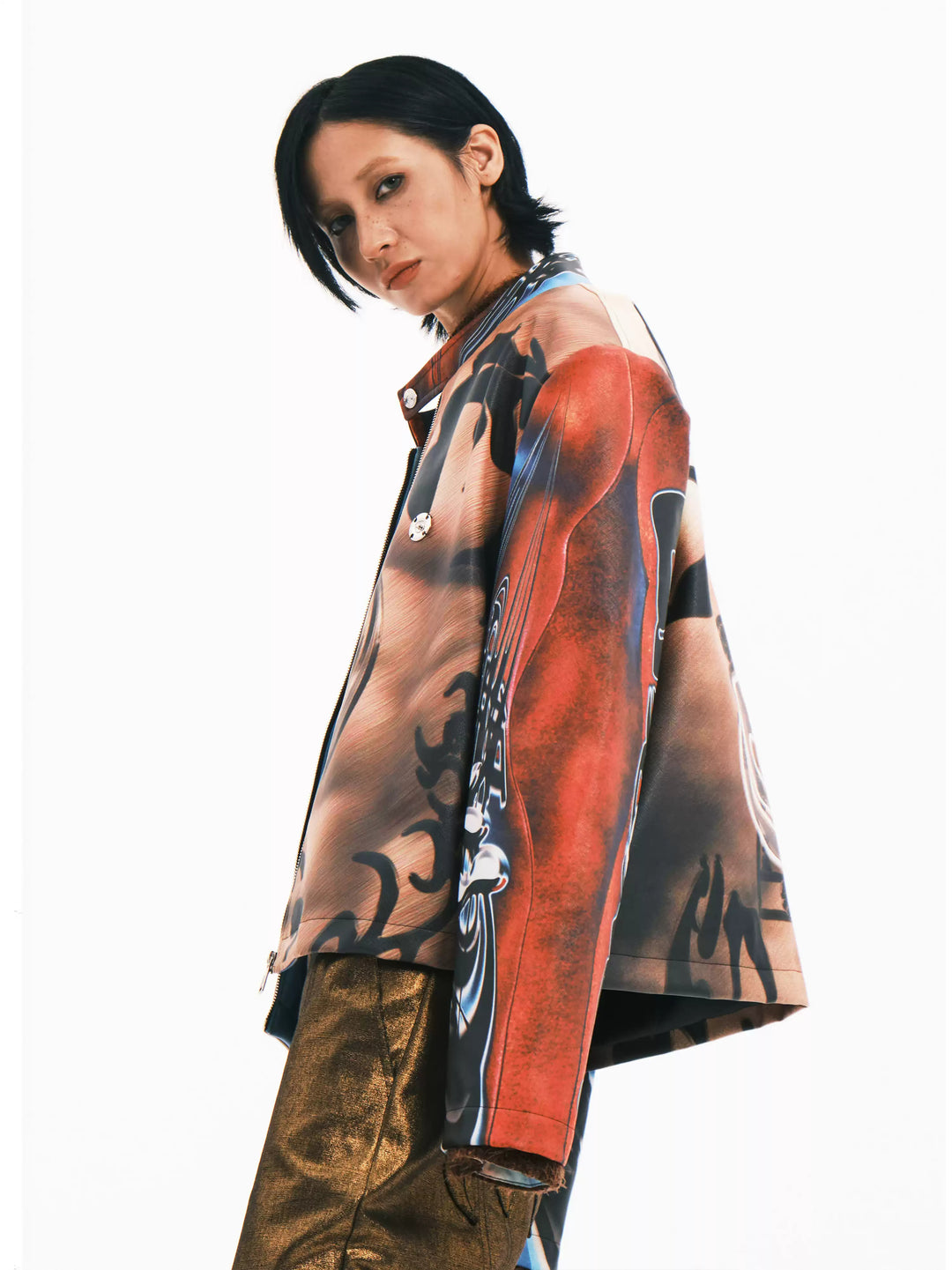 EMBRYO POWER TOTEM muscle-print PU leather jacket — side modeled view