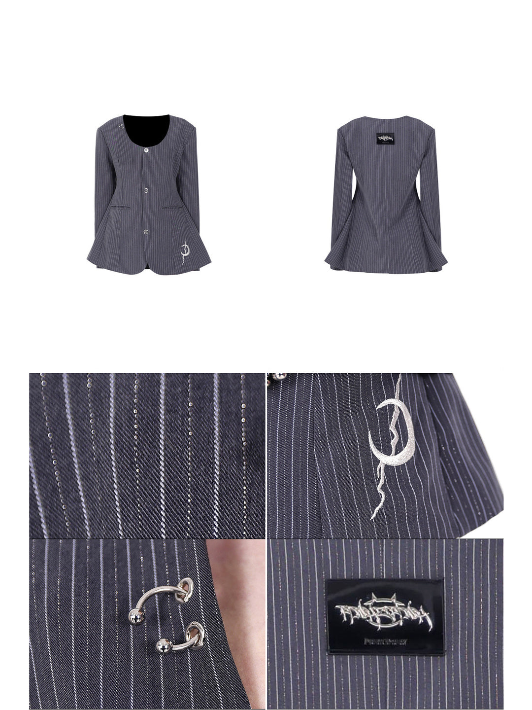 PINKSPINK ELECTRIC MOON pinstripe ring-detail blazer dress in gray pinstripe — front and back garment views with fabric, ring and embroidery details