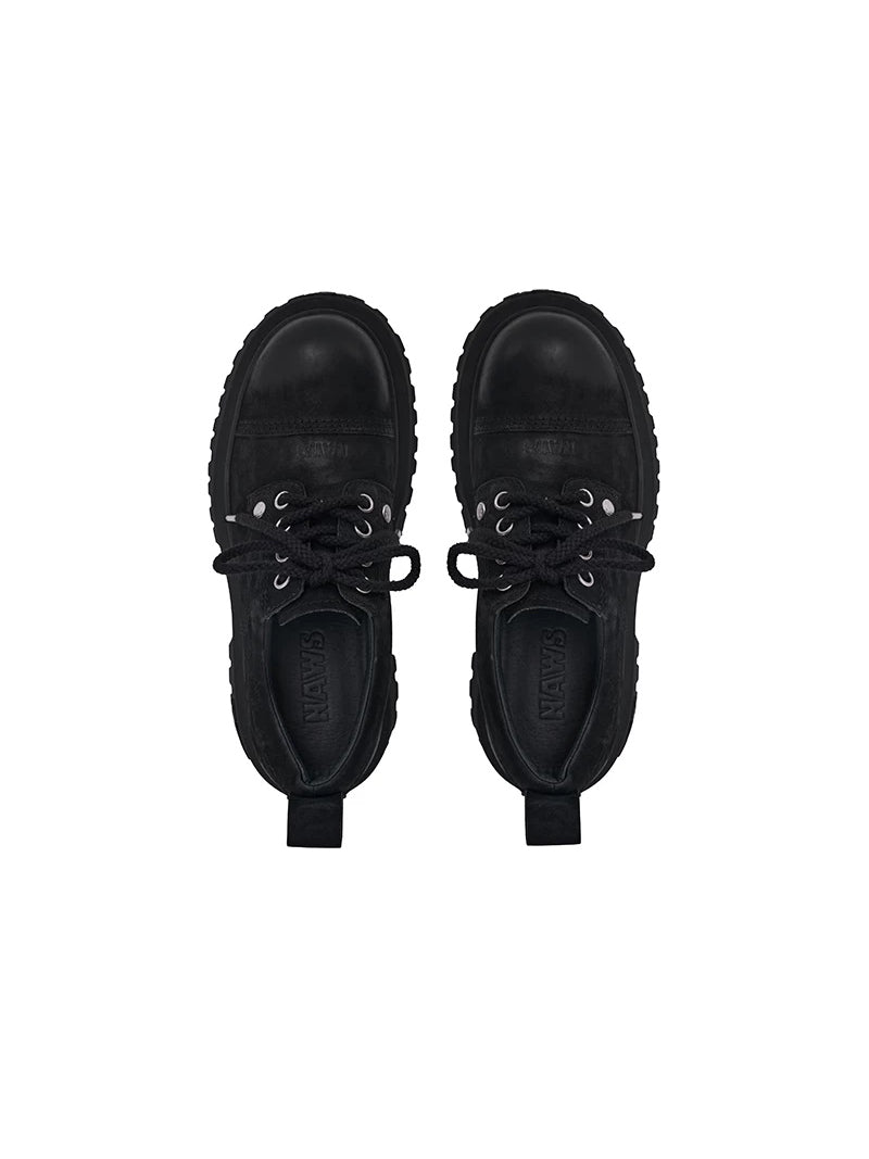 NAWS MOORE matte leather platform Derby shoes in MOORE BLACK — top-down shoe-only view showing laces and rounded toe shape.