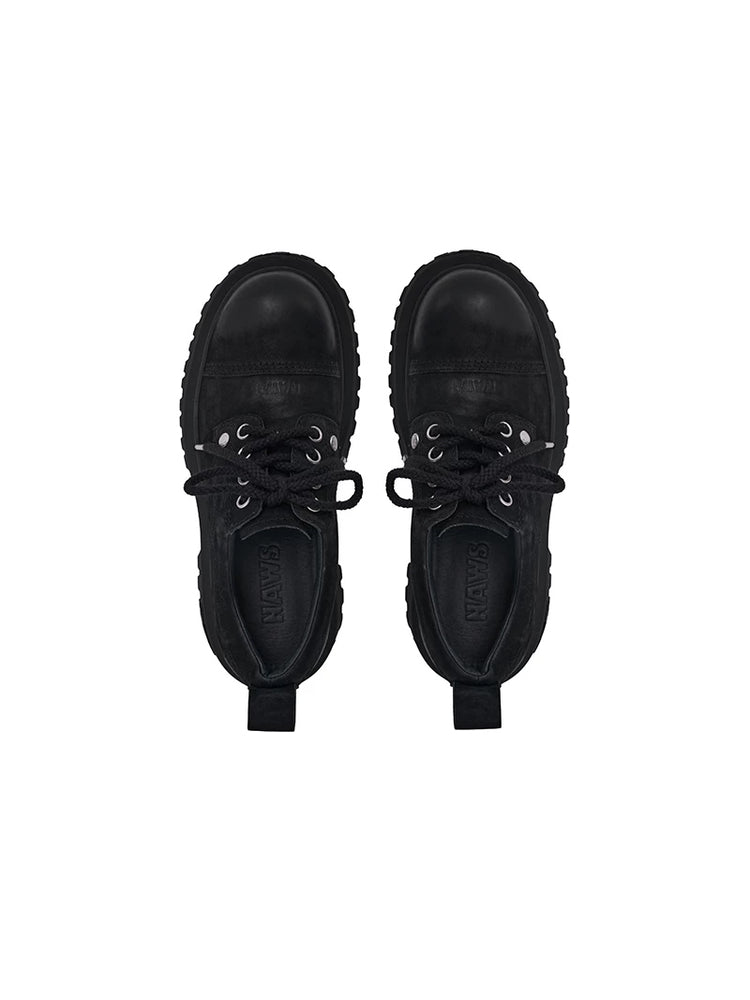 NAWS MOORE matte leather platform Derby shoes in MOORE BLACK — top-down shoe-only view showing laces and rounded toe shape.