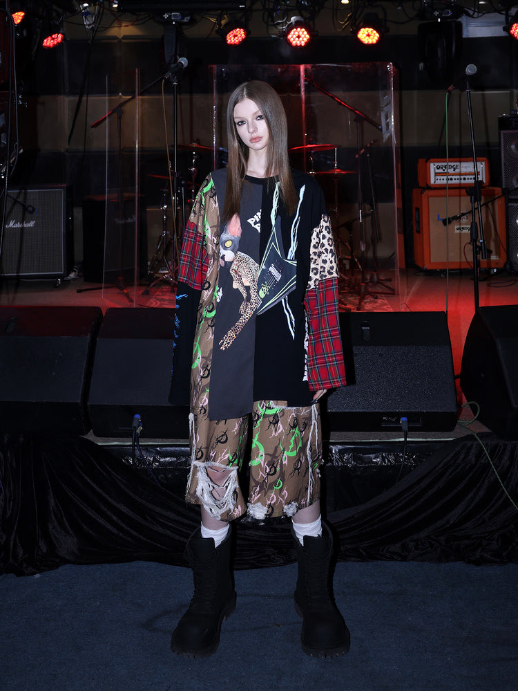 PINKSPINK ELECTRIC MOON distressed camo cropped trousers in CAMOUFLAGE — full front with relaxed patchwork top.