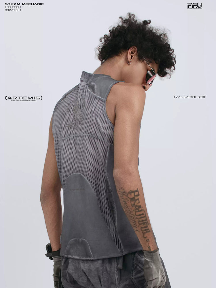 AEGIS stellar blue distressed mesh tank top — rear three-quarter modeled view showing mesh back