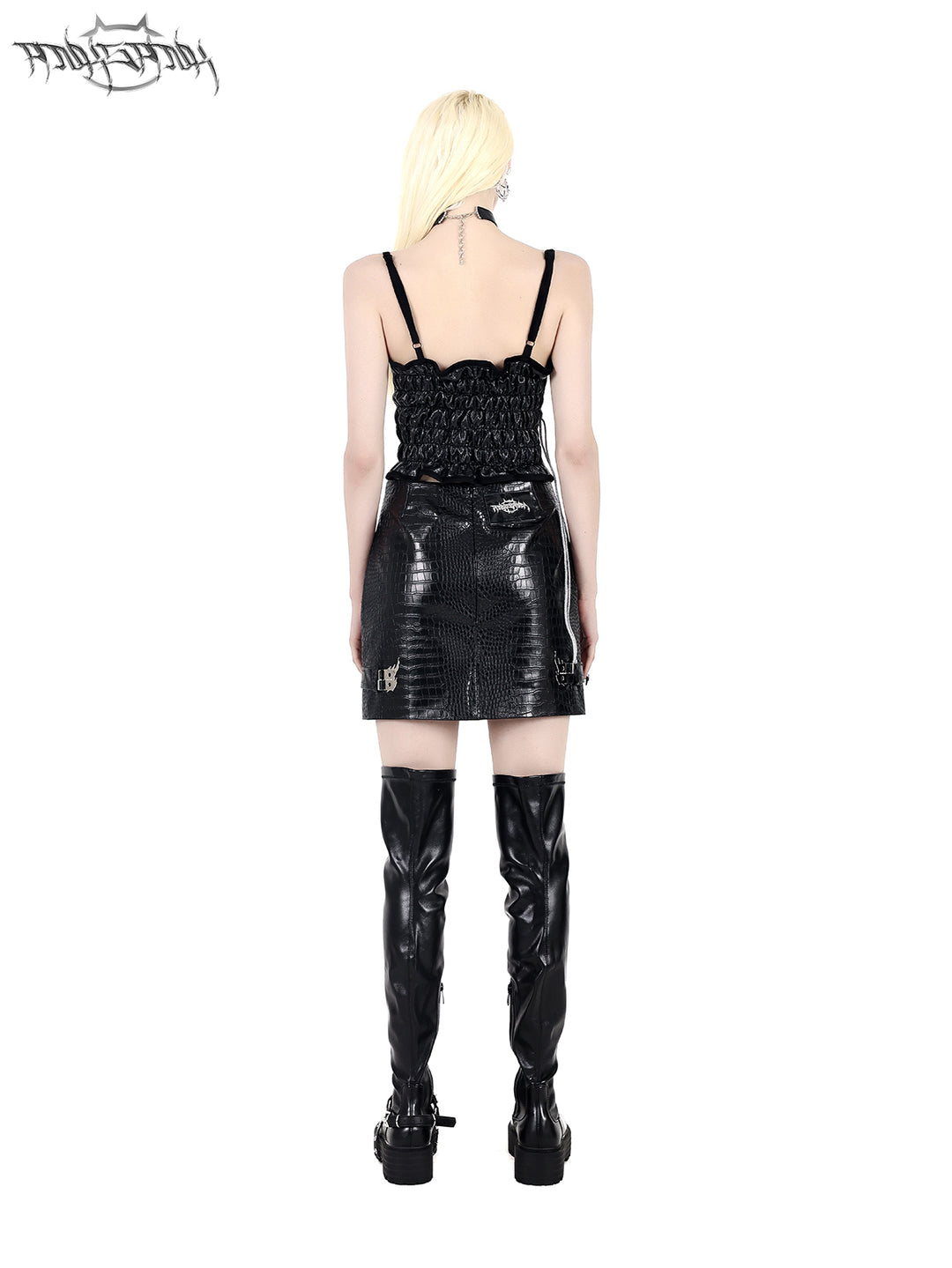 PINKSPINK FLAME BUCKLE — Black mini skirt, rear view styled with camisole.