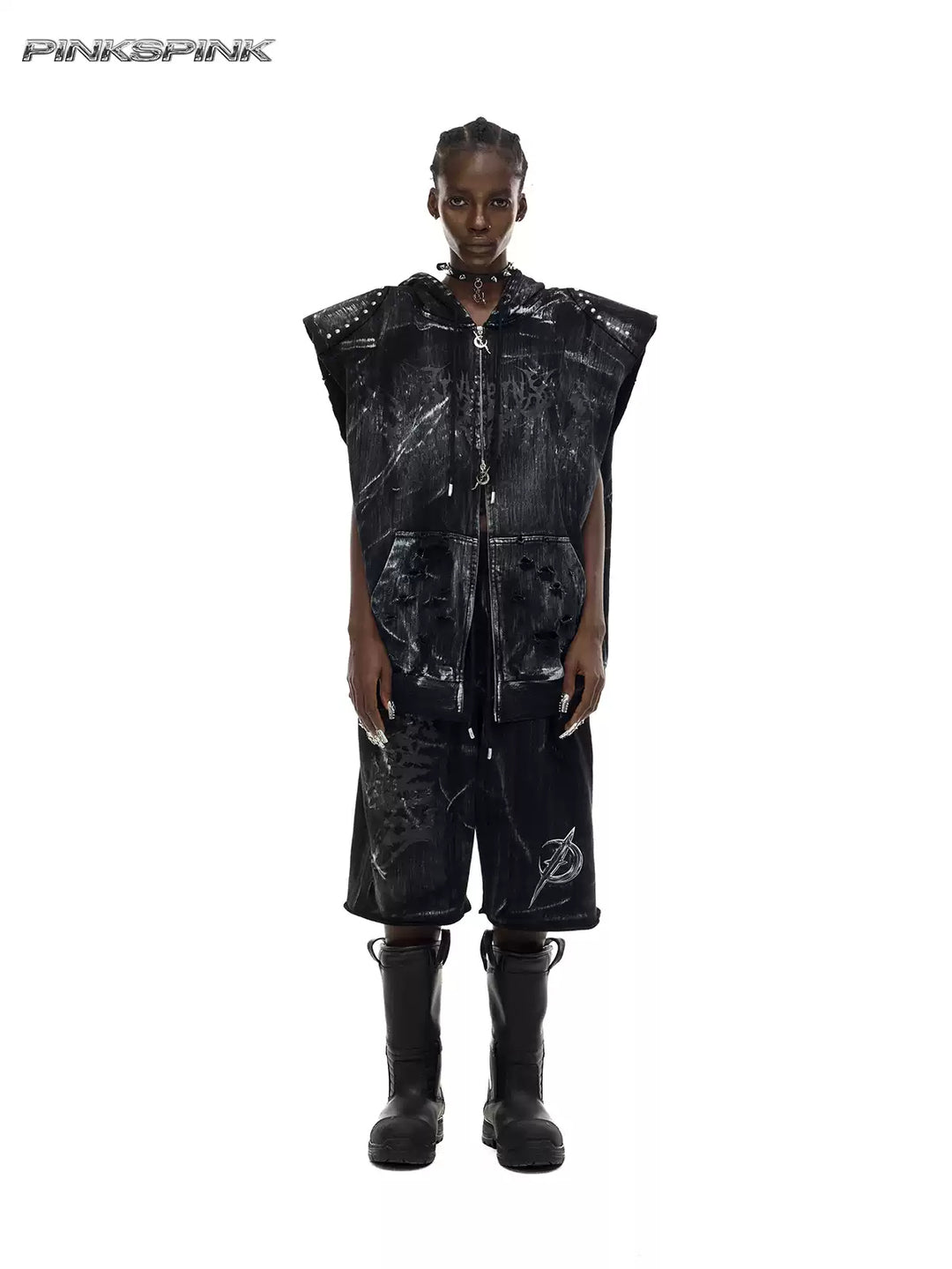 PINKSPINK ELECTRIC MOON studded cat-ear vest in black — front full-length modeled view with a loose silhouette and hood down