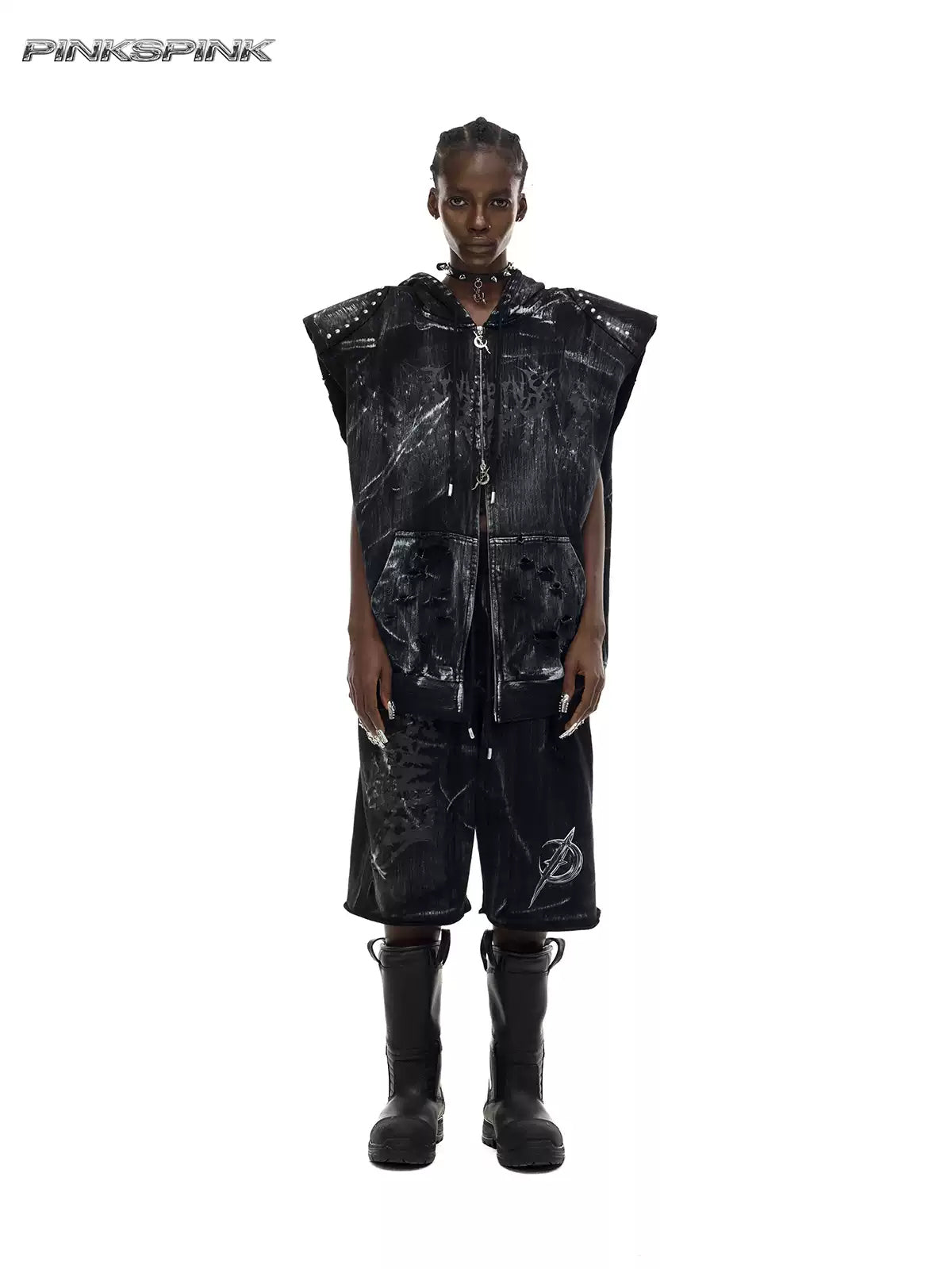 PINKSPINK ELECTRIC MOON studded cat-ear vest in black — front full-length modeled view with a loose silhouette and hood down