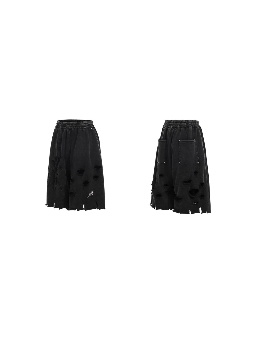PINKSPINK ELECTRIC MOON distressed embroidered wide-leg shorts — black — front and back garment views on white