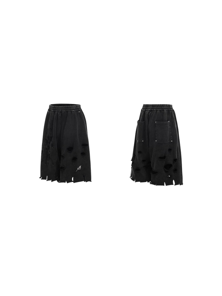 PINKSPINK ELECTRIC MOON distressed embroidered wide-leg shorts — black — front and back garment views on white