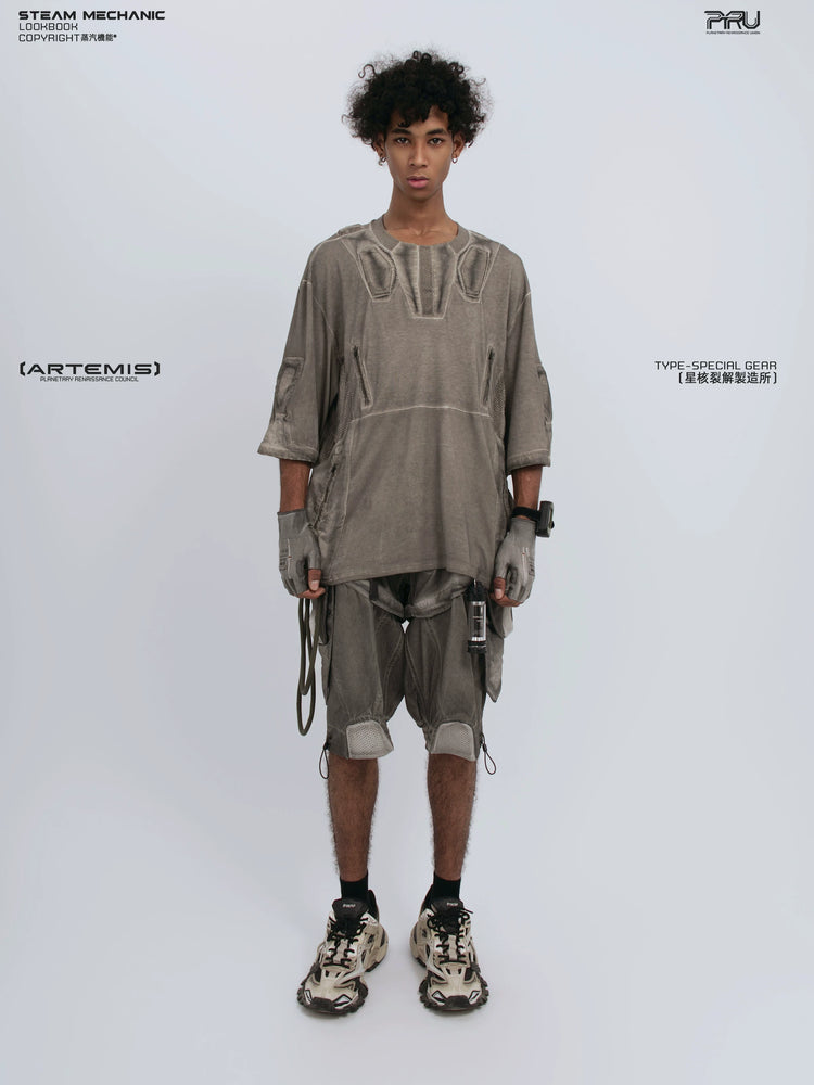 STARCORE xirang brown distressed mesh tee — front modeled product view