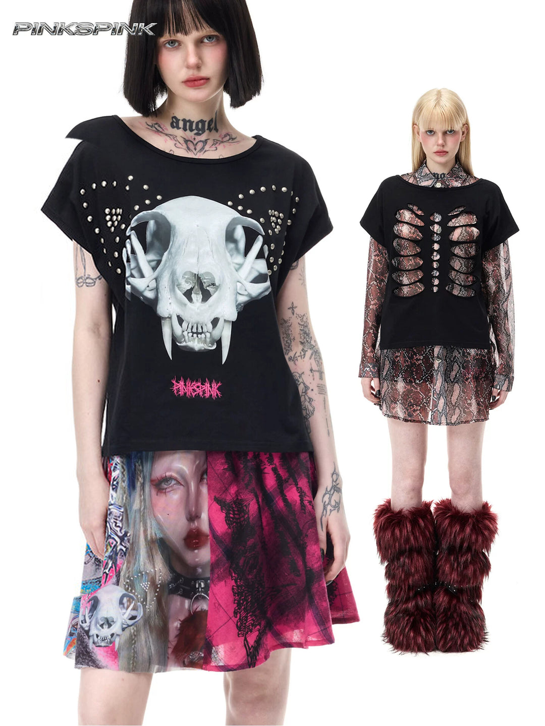 PINKSPINK CATACOMB reversible cat-skull tee in black — collage showing the studded cat-skull face and ribcage-cutout face