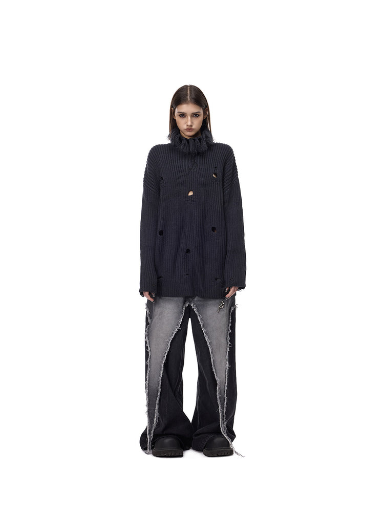 PINKSPINK ELECTRIC MOON distressed high-neck sweater — dark gray front full-length styling with jeans