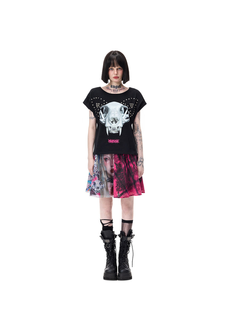 PINKSPINK FUTURE PORTRAIT reversible graphic mini skirt in black and pink — centered full-length front modeled view with a separate black graphic tee