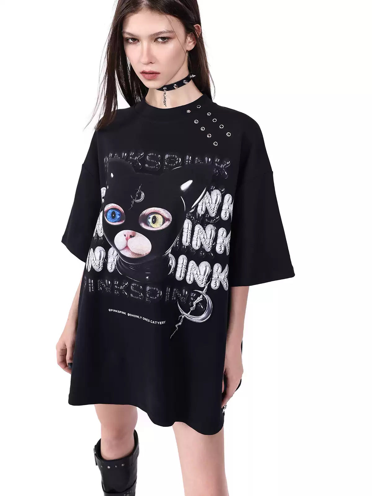 PINKSPINK GERMAN CAT oversized graphic tee — alternate modeled view showing the silhouette