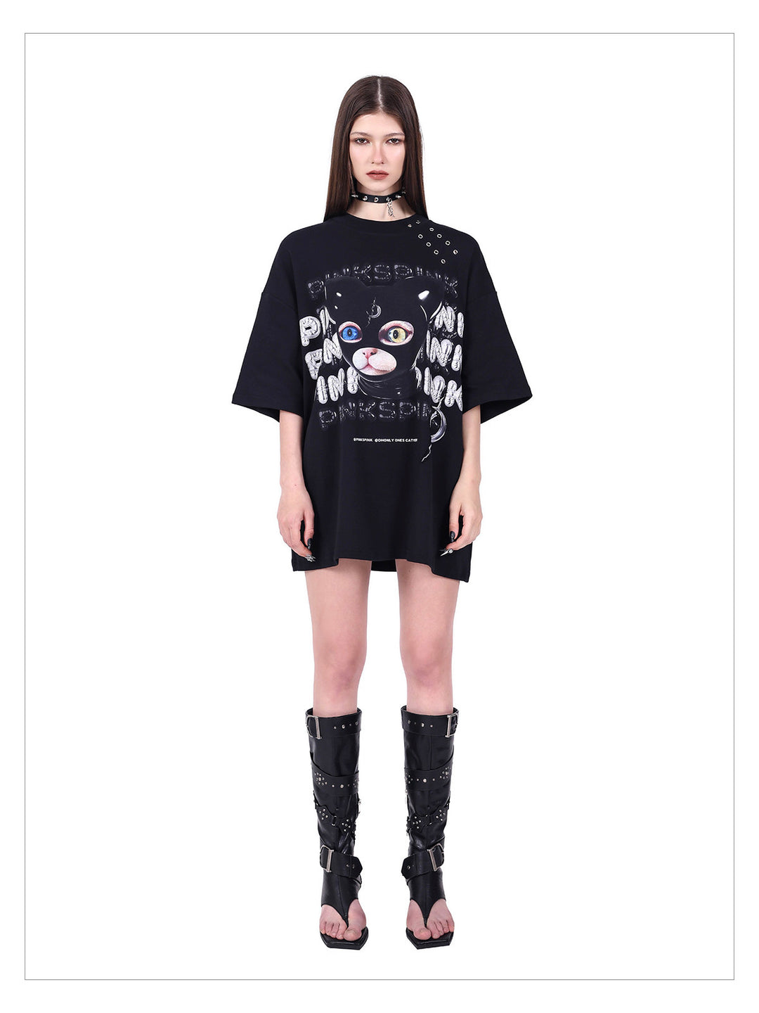 PINKSPINK GERMAN CAT oversized graphic tee — alternate modeled view showing the silhouette