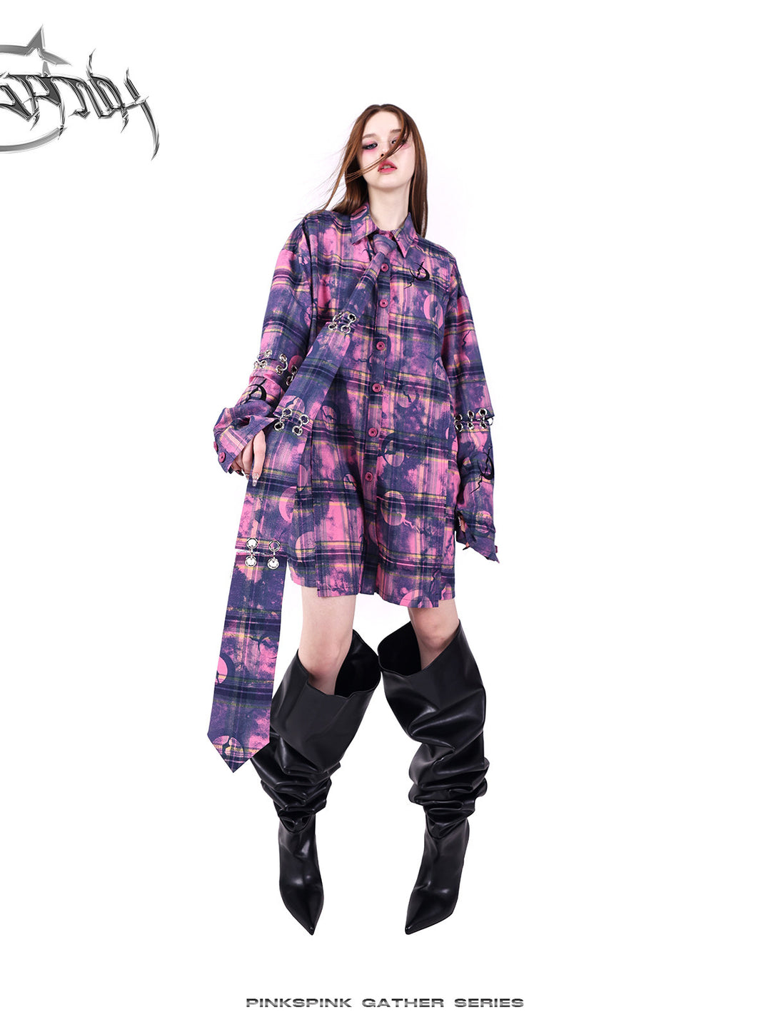 PINKSPINK ELECTRIC MOON wasteland plaid extra-long tie — catalog view showing the design and silhouette