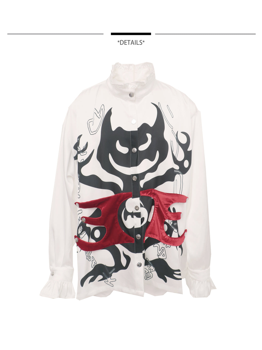 EMBRYO COURT TOTEM velvet-frill mock-neck shirt — rear modeled view