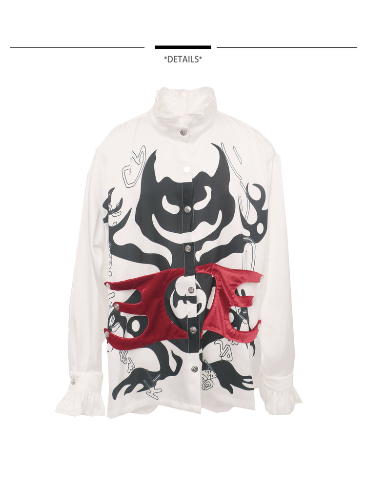 EMBRYO COURT TOTEM velvet-frill mock-neck shirt — rear modeled view